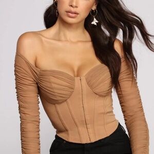 Corset Mesh Top Brown Tan Ruched Moment Cropped BustiNude Windsor XS Small Extra